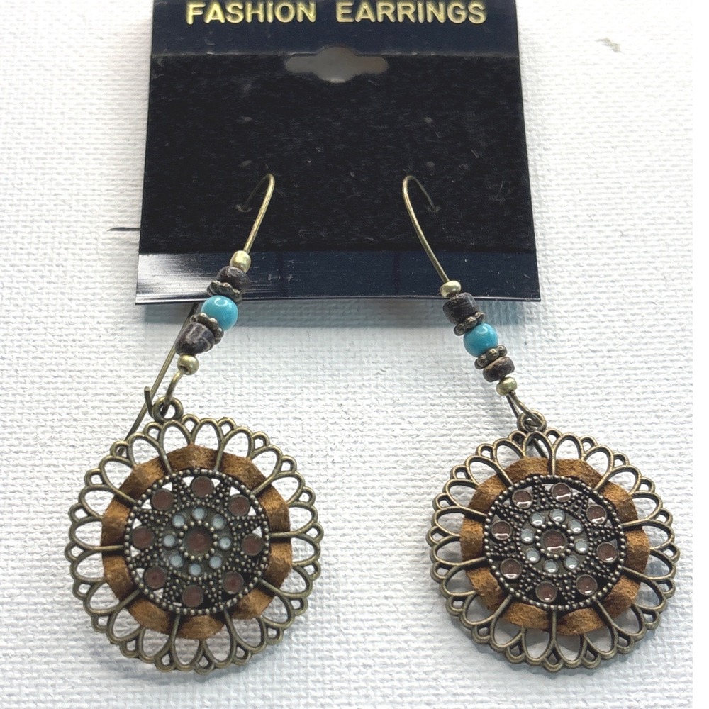 Earrings bronze faux leather turquoise boho dangle french hook New